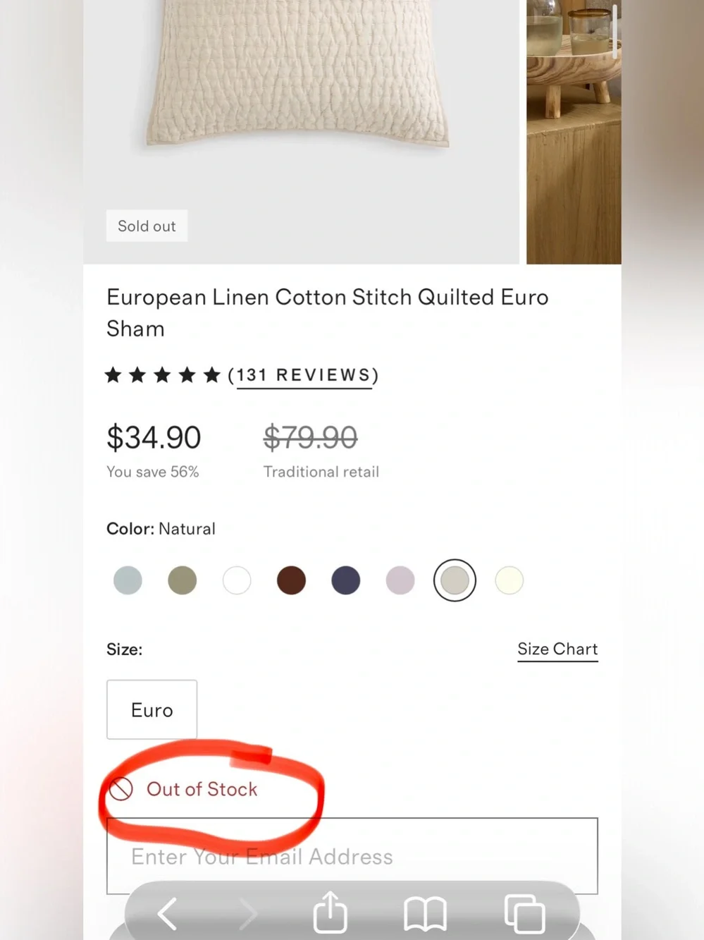 NWOT Quince European Linen Cotton Stitch Quilted Euro Sham, 26 X 26 (Natural)